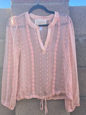 Rory Beca 100% silk pale peach sheer embroidered boho blouse size S